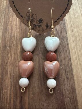Handmade Heart Drop Earrings in White and Peach w/ Quartz and Goldstone